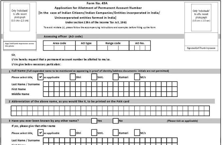 PAN Card Application Form 49A