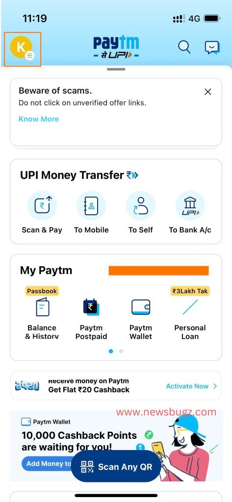 Cancel movie tickets On Paytm, tap on the profile